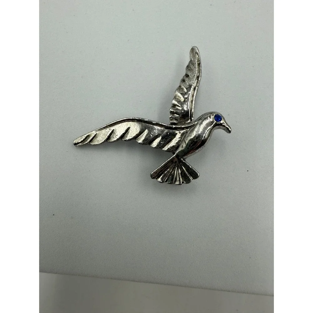 Vintage Gerrys Silver Tone Seagull Bird Brooch Blue‎ Rhinestone Eye Pin